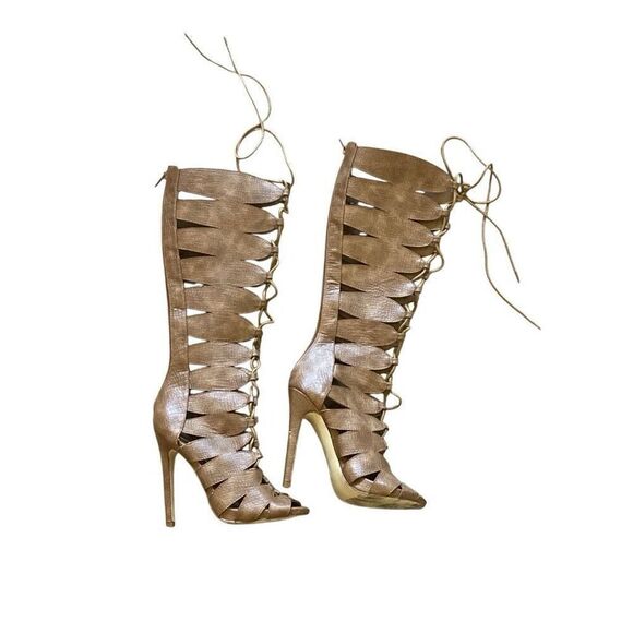 Y2K Shoedazzle Size 6 Faux Leather Tan Brown Strappy Lace Up Disc Heels Boots - Picture 3 of 8